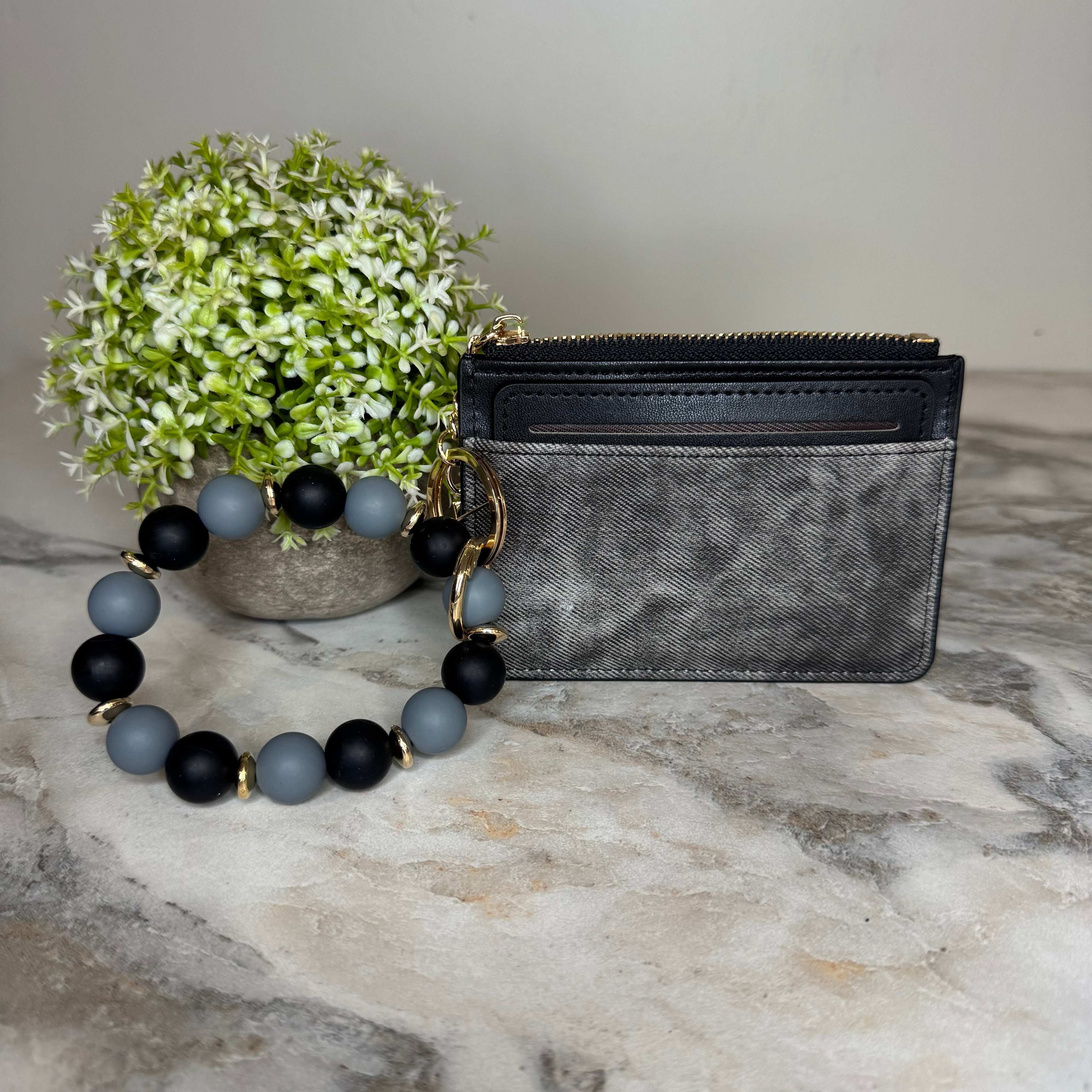 Denim Suede Bracelet Keychain & Card Holder Wallet
