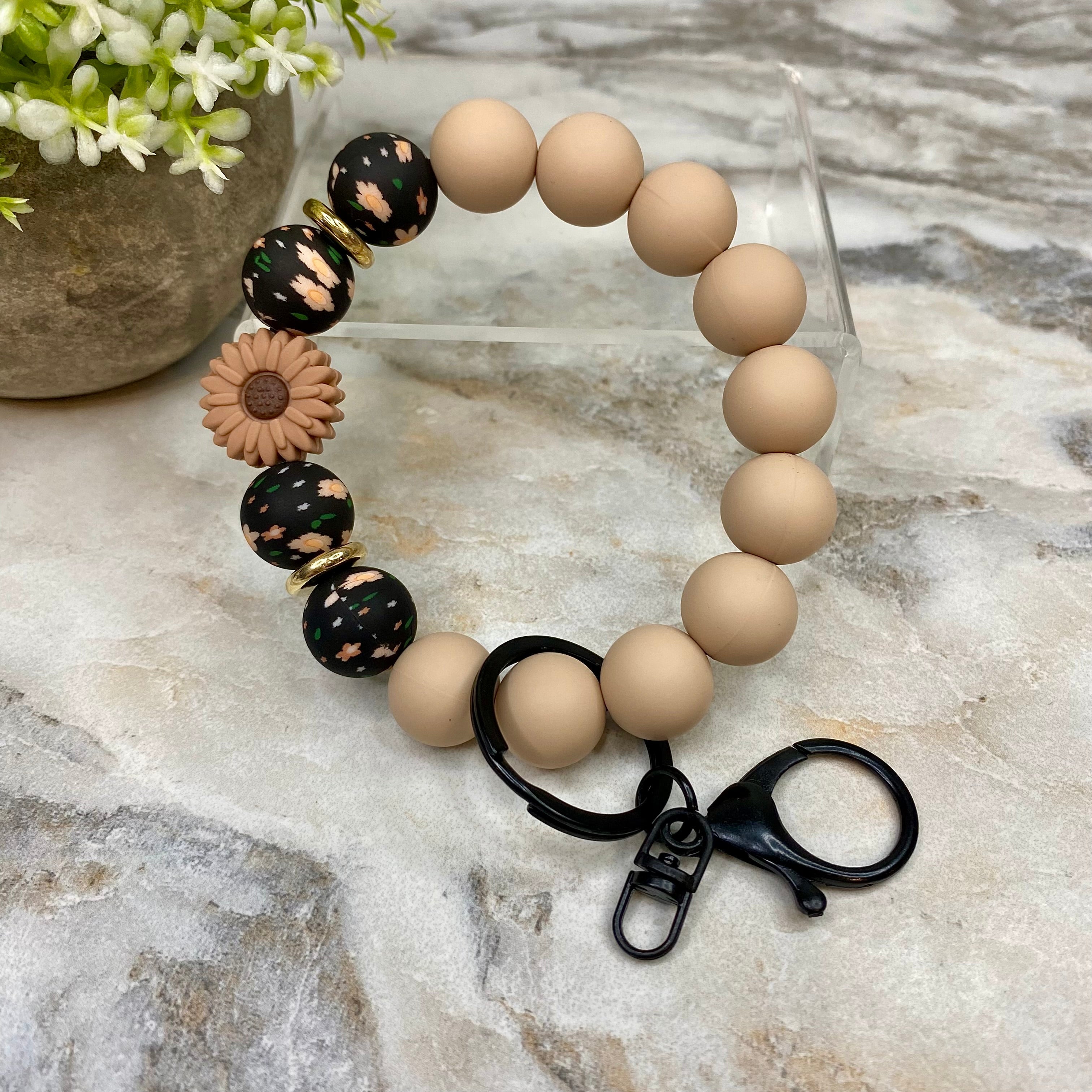 Silicone Bracelet Keychain - Dark Tan Sunflower Black Floral