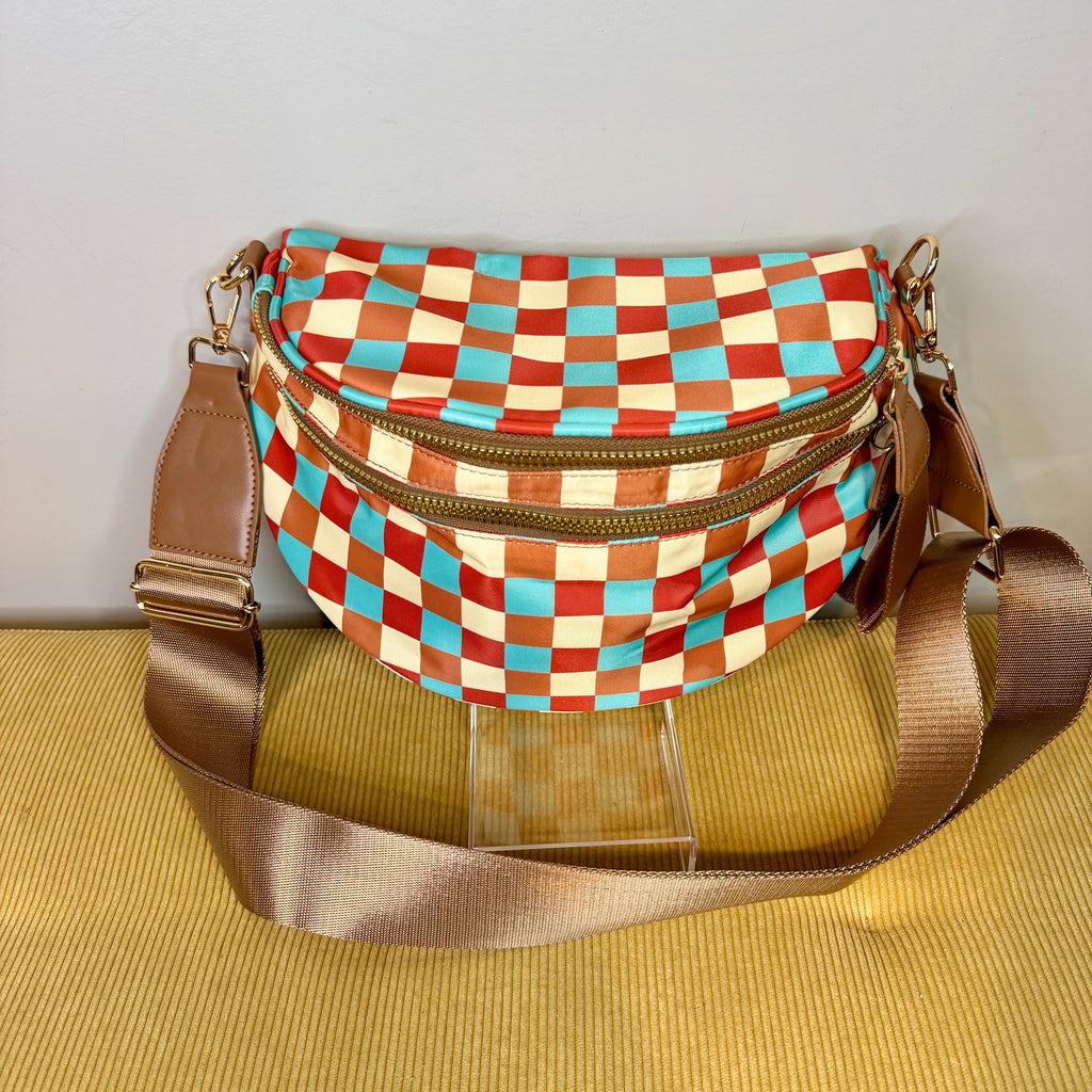 The Roni Nylon Crossbody - Camel Aqua Checker