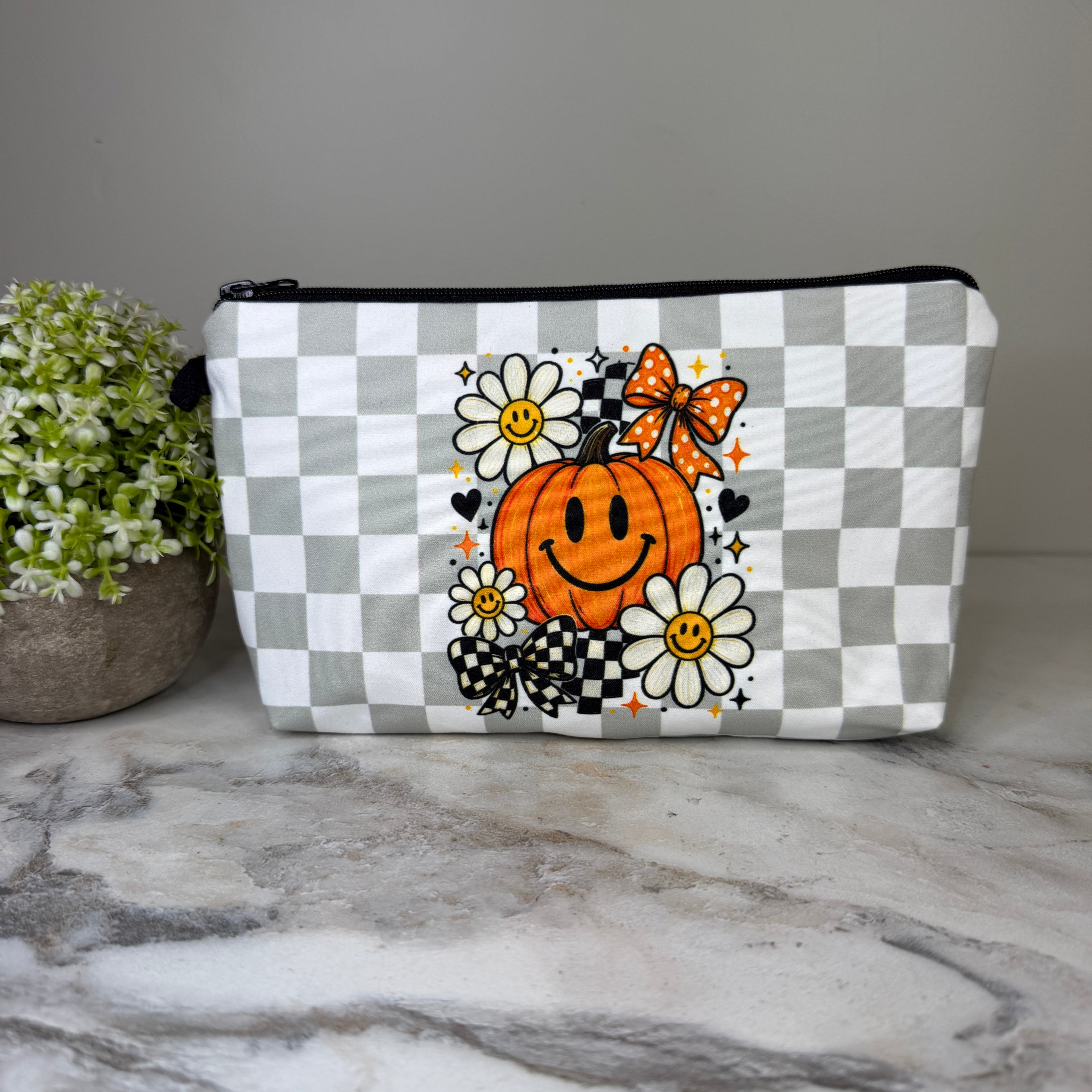 Pouch - Halloween Fall - Pumpkin Daisy Grey Checker